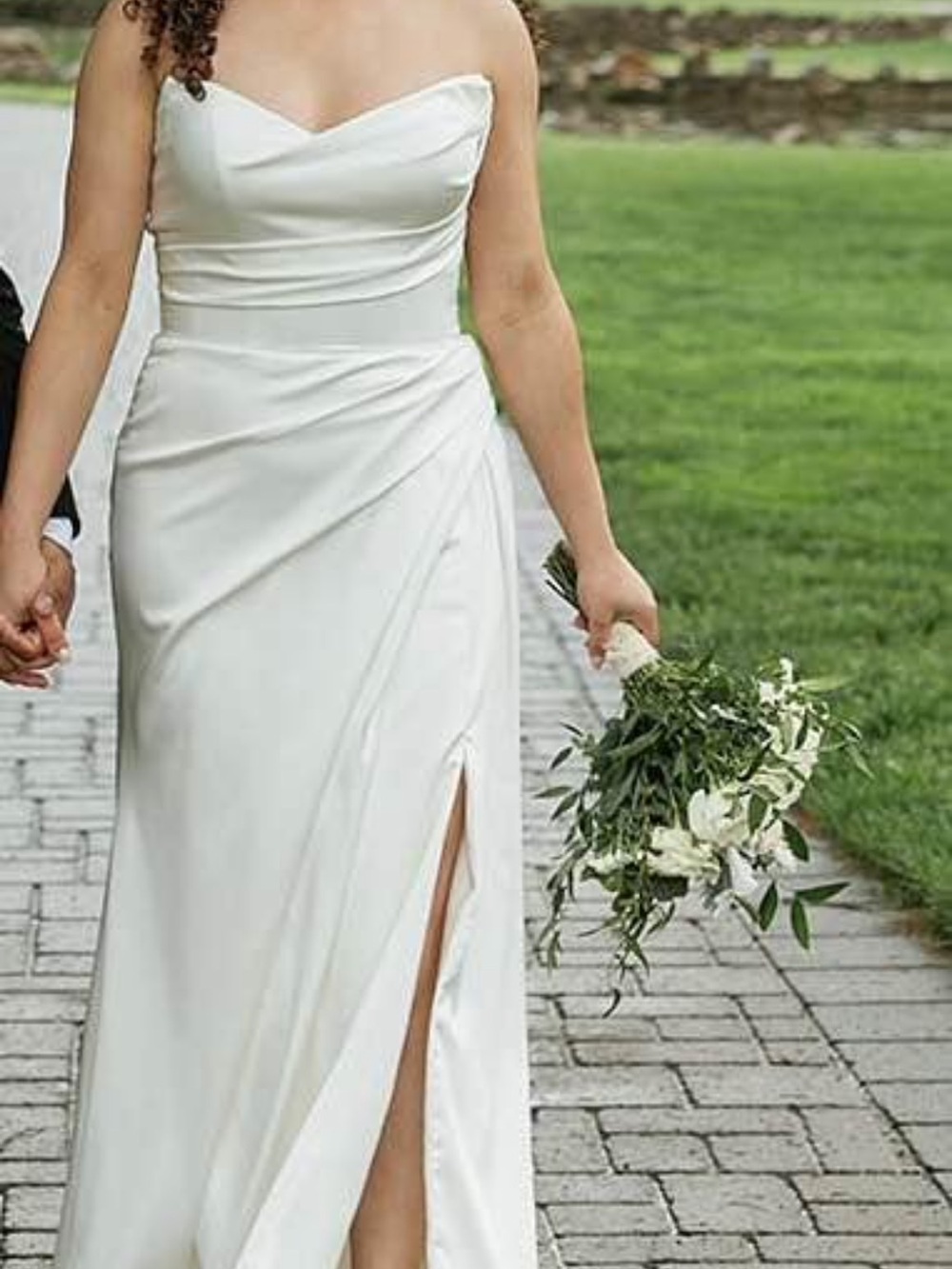 Strapless Satin White Ivory Wedding Gown with Draped Waist and Side Slit